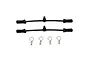 Two black rubber body clip retainers and four silver metal R-clips for RC car bodies on a white background.