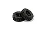 Two black RC crawler wheels with aggressive tread patterns and black rims, isolated on a white background.