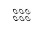 A set of six identical metal ball bearings with black rubber seals arranged in two rows of three against a white background.