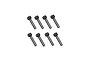 A set of eight black metal cap head screws with fine threads arranged in two rows of four on a white background.