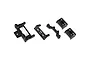 A set of black plastic RC car chassis mount components including a main frame, a brace, and two smaller mounting blocks.