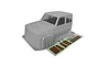 A grey RGT 1/10 scale LC79 Land Commander RC crawler body shell with an included decal sheet on a white background.