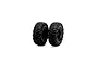 Two black 1/10 scale RC crawler wheels with aggressive tread patterns and black rims, standing upright against a white background.