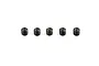 Five small black metal grub screws arranged in a horizontal row against a plain white background.