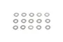 A set of fifteen small, round, silver-coloured metal washers arranged in a three-by-five grid on a white background.