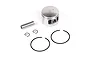 Rovan 45cc RC engine piston kit including a piston, wrist pin, two piston rings, and two circlips on a white background.