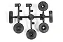 A black plastic parts tree containing various winch spool and servo mount components for an Axial RC vehicle.