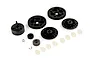 A set of Rovan RC drivetrain spare parts including a clutch bell, spur gears, pinion gears, and small plastic spacers on a white background.