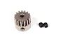A metal 15-tooth pinion gear and two small black grub screws on a white background.