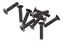 A small pile of black metal countersunk head screws with hex drive sockets, suitable for RC car assembly.