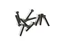 A top-down view of ten black metal cap head screws scattered on a white background.