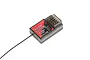 A Rovan BER-RXV4 4-channel 2.4GHz RC receiver with a black plastic case, red label, and antenna wire against a white background.