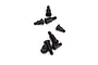 A set of eight black metal shoulder screws with flat heads and threaded shafts arranged on a white background.