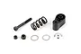 Rovan RC servo saver assembly kit including a black plastic arm, coil spring, bolt, nuts, washers, and a metal spacer on a white background.