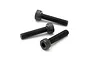 Three black metal cap head screws with hex sockets arranged on a white background.