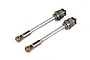 Two Rovan gun metal RC shock shafts with attached rod ends, isolated on a white background.