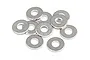 A small pile of ten circular silver-coloured metal washers on a white background.