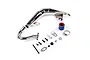 Rovan chrome steel tuned exhaust pipe set for Losi 5IVE-T RC car, including mounting hardware, silicone coupler, and gasket on a white background.
