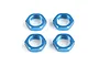 Four blue anodised aluminium wheel nuts arranged in a square formation against a white background.