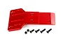 A red anodized aluminium front skid plate for an RC vehicle, accompanied by four black countersunk screws and two nylon lock nuts.