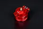A red anodized aluminium fuel tank cap for RC vehicles featuring a hinged latch mechanism and a brass center fitting.