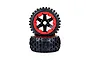 Two Rovan Wasteland 2nd Gen RC buggy rear tyres mounted on black and red six-spoke rims, stacked vertically against a white background.
