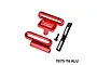 GPM red aluminium battery hold-down retainer and strap set with mounting screw against a white background.