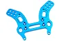 A blue anodised aluminium front shock tower for an RC car, featuring multiple mounting holes and cutouts, isolated on a white background.