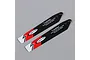 Twister main helicopter rotor blades in black, red, and white with warning text displayed on a plain grey background.