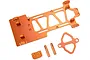 An orange anodized aluminium RC chassis plate with accompanying mounting brackets and posts on a white background.