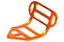 An orange anodized aluminium RC car bumper with a cut-out design, shown from a high-angle perspective against a white background.