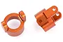 Two orange anodized aluminium steering hub carriers for an HSP Kulak RC car, shown from different angles on a white background.