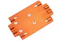 An orange anodized aluminium lower chassis plate for an HSP Kulak RC crawler, featuring mounting holes and integrated hinge points.