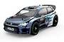 Studio shot of the MJX RC Hyper Go Volkswagen Polo R WRC RC Rally Car in blue and white livery with black wheels.