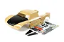 Rovan 1/5 LT painted short course body shell in tan with a black hood, accompanied by a decal sheet and two small black panels on a white background.
