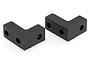 Two black L-shaped plastic servo mounts for RC cars, shown from an elevated angle against a white background.