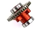 An orange anodized aluminium RC differential gear assembly with two steel ball bearings attached.