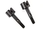 Two black metal RC wheel axles with slotted drive cups and threaded ends, isolated on a white background.