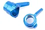 Two blue anodized aluminium RC car steering hubs shown from different angles on a white background.