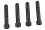 Four black plastic RC body posts with multiple adjustment holes, arranged vertically on a white background.