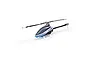 Studio shot of the Blade InFusion 210 RC Helicopter in white, black, and blue livery against a white background.