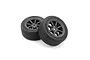 Two black RC street tyres mounted on dark 8-spoke wheels against a clean white background.