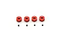 Four red anodized aluminium wheel hexes with branding and four small set screws arranged on a white background.