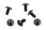 Five black button head machine screws arranged on a white background.