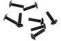 A group of seven black metal button head screws with fine threads scattered on a white background.