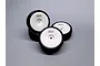 Four black rubber RC tyres mounted on white dish rims with KWR branding against a grey background.