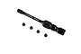 Axial steel serrated wheel nuts set including four black nuts and a matching 3mm wrench tool on a white background.