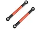 Two orange metal RC suspension linkages with black plastic rod ends on a white background.