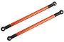 Two orange anodized aluminum RC suspension linkages with black plastic rod ends on a white background.