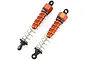 Two orange anodized aluminum RC shock absorbers with silver springs, shown against a white background.